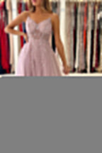 Dusty Pink Long A-line V-neck Tulle Glitter Prom Dress with Slit