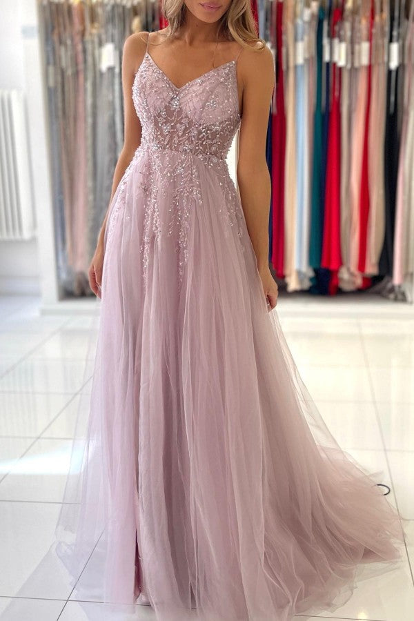 Dusty Pink Long A-line V-neck Tulle Glitter Prom Dress with Slit