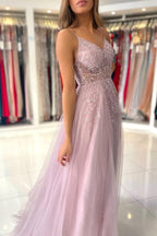 Dusty Pink Long A-line V-neck Tulle Glitter Prom Dress with Slit