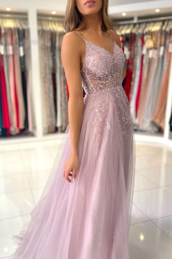 Dusty Pink Long A-line V-neck Tulle Glitter Prom Dress with Slit