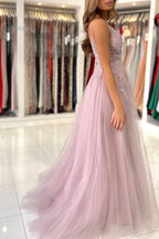 Dusty Pink Long A-line V-neck Tulle Glitter Prom Dress with Slit