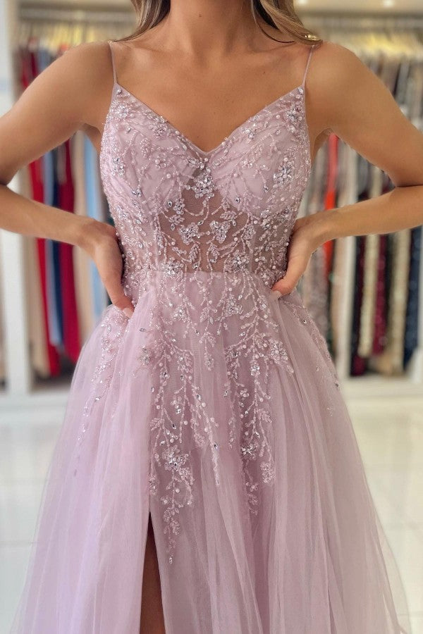 Dusty Pink Long A-line V-neck Tulle Glitter Prom Dress with Slit