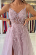 Dusty Pink Long A-line V-neck Tulle Glitter Prom Dress with Slit