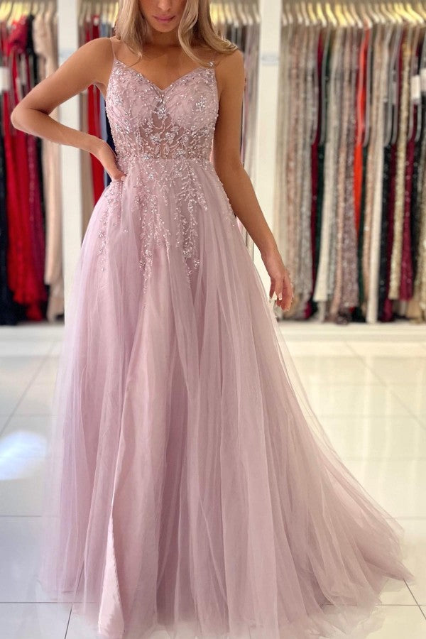 Dusty Pink Long A-line V-neck Tulle Glitter Prom Dress with Slit