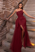 Vestido de festa comprido verde escuro, sereia, um ombro, folhos, tule, racha