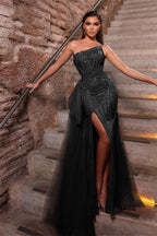 Vestido de festa comprido verde escuro, sereia, um ombro, folhos, tule, racha