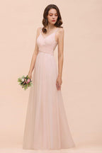 Dusty Pink Sleeveless A-line Wedding Guest Dress Beach Bridesmaid Dress