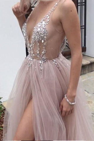 Dusty Pink Sparkly V Neck A Line Tulle Long Prom/Evening Dress  PG875