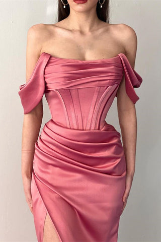 Dark Green Long Off-The-Shoulder Mermaid Satin Prom Dress with Split