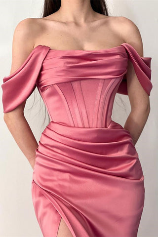 Dark Green Long Off-The-Shoulder Mermaid Satin Prom Dress with Split