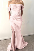 Dark Green Long Off-The-Shoulder Mermaid Satin Prom Dress with Split