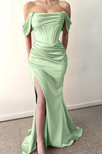 Dark Green Long Off-The-Shoulder Mermaid Satin Prom Dress with Split