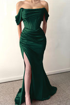 Dark Green Long Off-The-Shoulder Mermaid Satin Prom Dress with Split