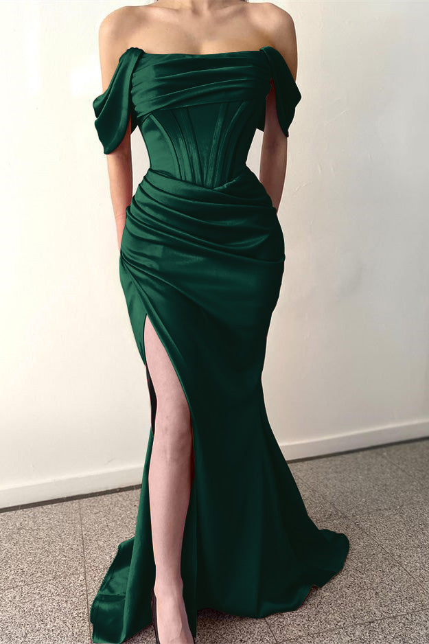 Dark Green Long Off-The-Shoulder Mermaid Satin Prom Dress with Split