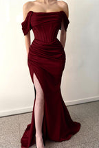 Dark Green Long Off-The-Shoulder Mermaid Satin Prom Dress with Split