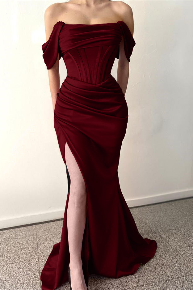 Dark Green Long Off-The-Shoulder Mermaid Satin Prom Dress with Split