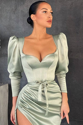 Dusty Sage Long Sleeves Mermaid Sweetheart Satin Prom Dress with Split