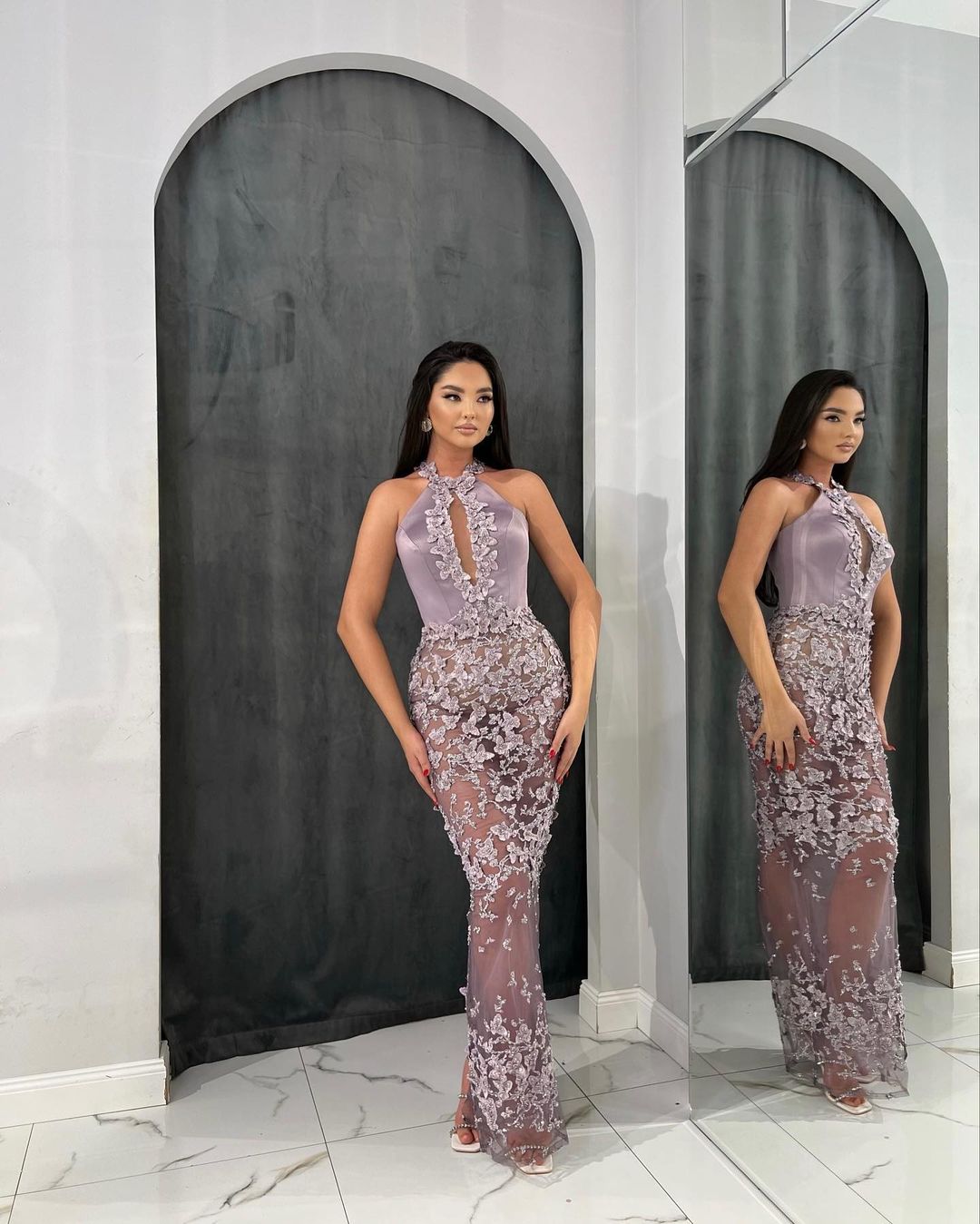 Dusty Sage Long Tulle Mermaid Sleeveless Evening Dress with Flower Detail