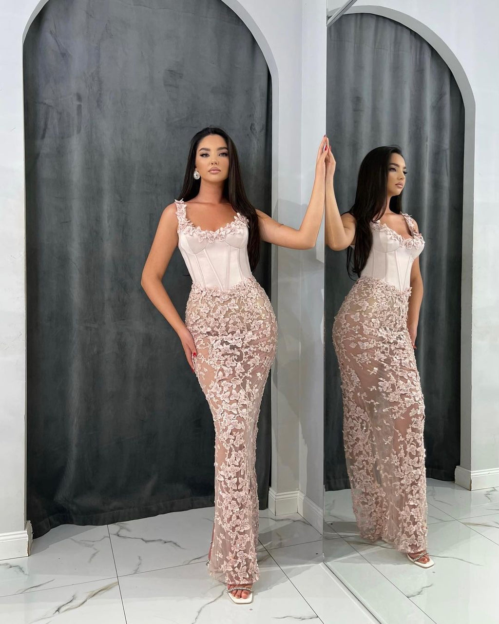 Dusty Sage Long Tulle Mermaid Sleeveless Evening Dress with Flower Detail