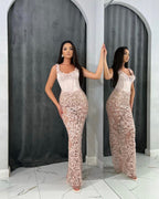 Dusty Sage Long Tulle Mermaid Sleeveless Evening Dress with Flower Detail