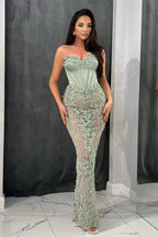 Dusty Sage Long Tulle Mermaid Sleeveless Evening Dress with Flower Detail