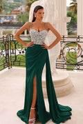 Vestidos de Noche Largos de Sirena Sin Mangas con Tirantes Finos en Verde Oscuro y Abertura