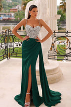 Dark Green Spaghetti Strap Sleeveless Long Mermaid Evening Dresses with Slit