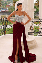 Dark Green Spaghetti Strap Sleeveless Long Mermaid Evening Dresses with Slit