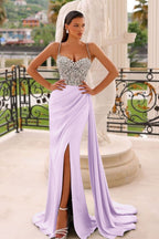 Dark Green Spaghetti Strap Sleeveless Long Mermaid Evening Dresses with Slit