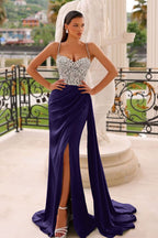 Dark Green Spaghetti Strap Sleeveless Long Mermaid Evening Dresses with Slit
