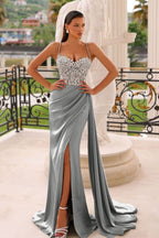 Dark Green Spaghetti Strap Sleeveless Long Mermaid Evening Dresses with Slit