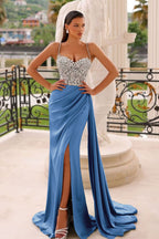 Dark Green Spaghetti Strap Sleeveless Long Mermaid Evening Dresses with Slit