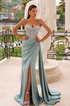 Dark Green Spaghetti Strap Sleeveless Long Mermaid Evening Dresses with Slit