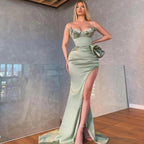 Dusty Sage Long Satin Spaghetti Straps Mermaid Evening Dress with Split
