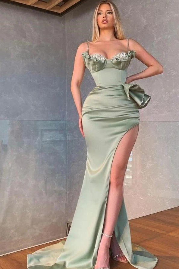 Dusty Sage Long Satin Spaghetti Straps Mermaid Evening Dress with Split