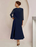 Vestido de mãe da noiva em duas peças, corte A, formal, para convidada de casamento, elegante, decote redondo, comprimento chá, chiffon, renda, manga 3/4, casaco, vestidos com faixa/fita, aplicações