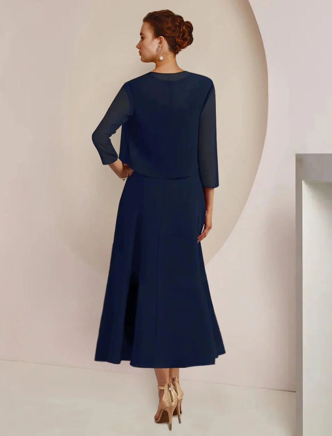 Vestido de mãe da noiva em duas peças, corte A, formal, para convidada de casamento, elegante, decote redondo, comprimento chá, chiffon, renda, manga 3/4, casaco, vestidos com faixa/fita, aplicações