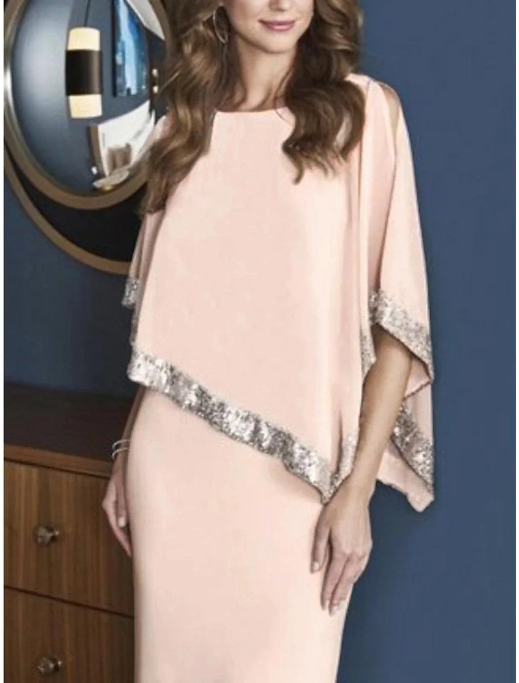 Vestido tubinho/coluna para mãe da noiva, convidada de casamento, elegante, com brilho e cintilante, decote em joia, comprimento até ao tornozelo, chiffon, manga 3/4 com lantejoulas, racha frontal