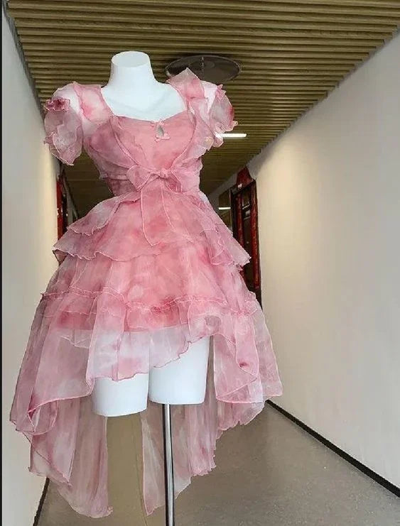 Vestido de Fiesta de Tul Rosa Tierno con Capas para el Baile de Bienvenida Y7663