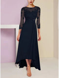 Abito da Madre della Sposa per Invitata al Matrimonio Elegante con Scollo Tondo Asimmetrico Lunghezza alla Caviglia in Chiffon Manica 3/4 con Pizzo e Paillettes