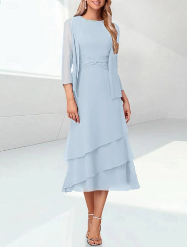Elegantes, gestuftes Chiffon-Überkleid mit 3/4-Ärmeln für Hochzeitsgäste im Kleid für die Brautmutter enthalten