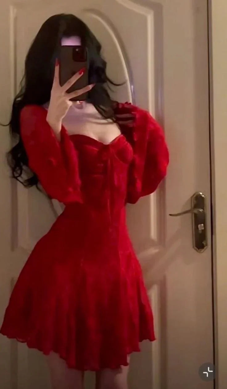 Vestido de Fiesta para el Baile de Bienvenida con Manga de Trompeta de Encaje Rojo Sexy Y7655