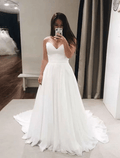 Suknie ślubne Hall Casual Formal z trenem dworskim w kształcie litery A, bez rękawów, bez ramiączek, z szyfonu w jednolitym kolorze