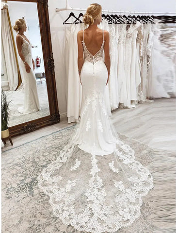 Vestidos de noiva formais para recepção, sereia/trompete, camisola, sem mangas, cauda longa, tule, vestidos de noiva com aplicações