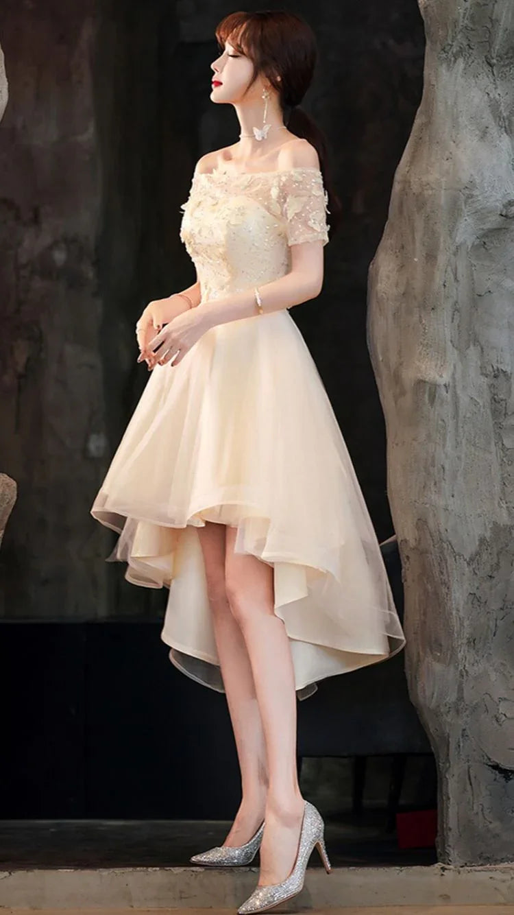 Champagner Tüll High-Low-Abschlussballkleid Champagner Abendkleid Y983