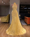 Sparkly Yellow High Neck Sleeveless Sequins Evening Dress Mermaid Prom Party Dress Y7712 by simplepromdress