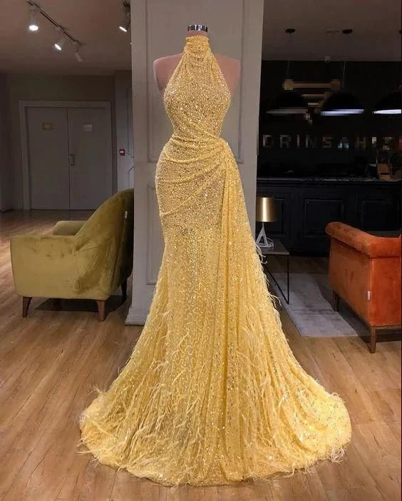 Sparkly Yellow High Neck Sleeveless Sequins Evening Dress Mermaid Prom Party Dress Y7712 by simplepromdress