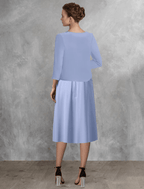 Vestido de mãe da noiva em duas peças, corte A, elegante, decote quadrado, comprimento chá, chiffon, renda, manga curta, wrap, incluído com aplicações, drapeado lateral