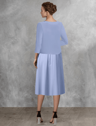 Zweiteiliges A-Linien-Kleid für die Mutter der Braut, Hochzeitsgast, eleganter quadratischer Ausschnitt, knielang, Chiffon, Spitze, halbe Ärmel, Wickelkleid inklusive, seitlich drapierte Applikationen