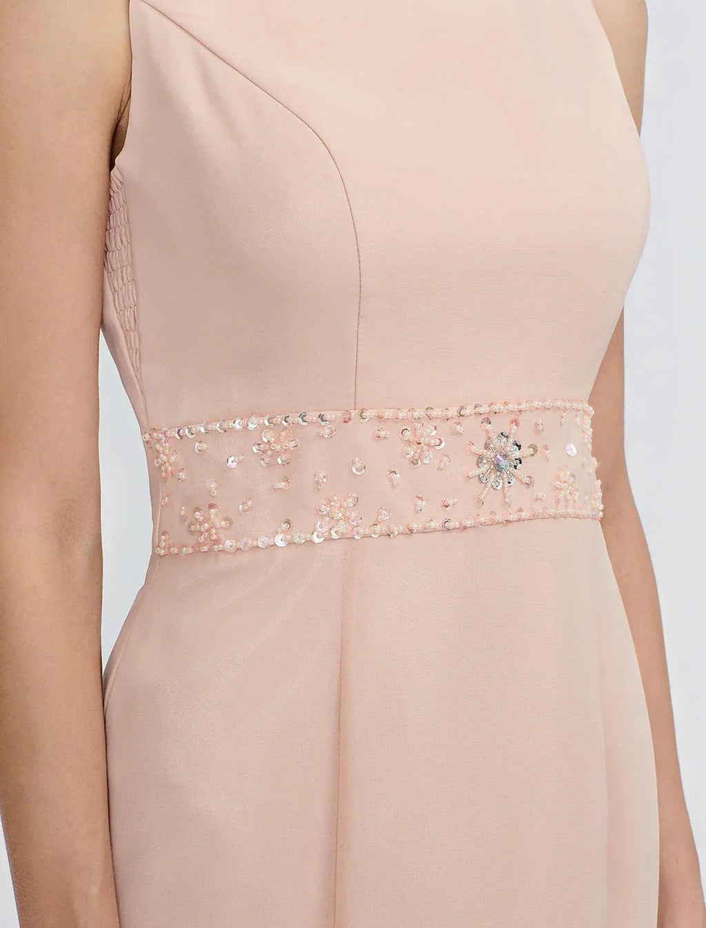 Vestido de mãe da noiva de duas peças, estilo coluna, plus size, elegante, com casaco, manga comprida, decote redondo, comprimento chá, chiffon, faixa/fita, pregas, missangas